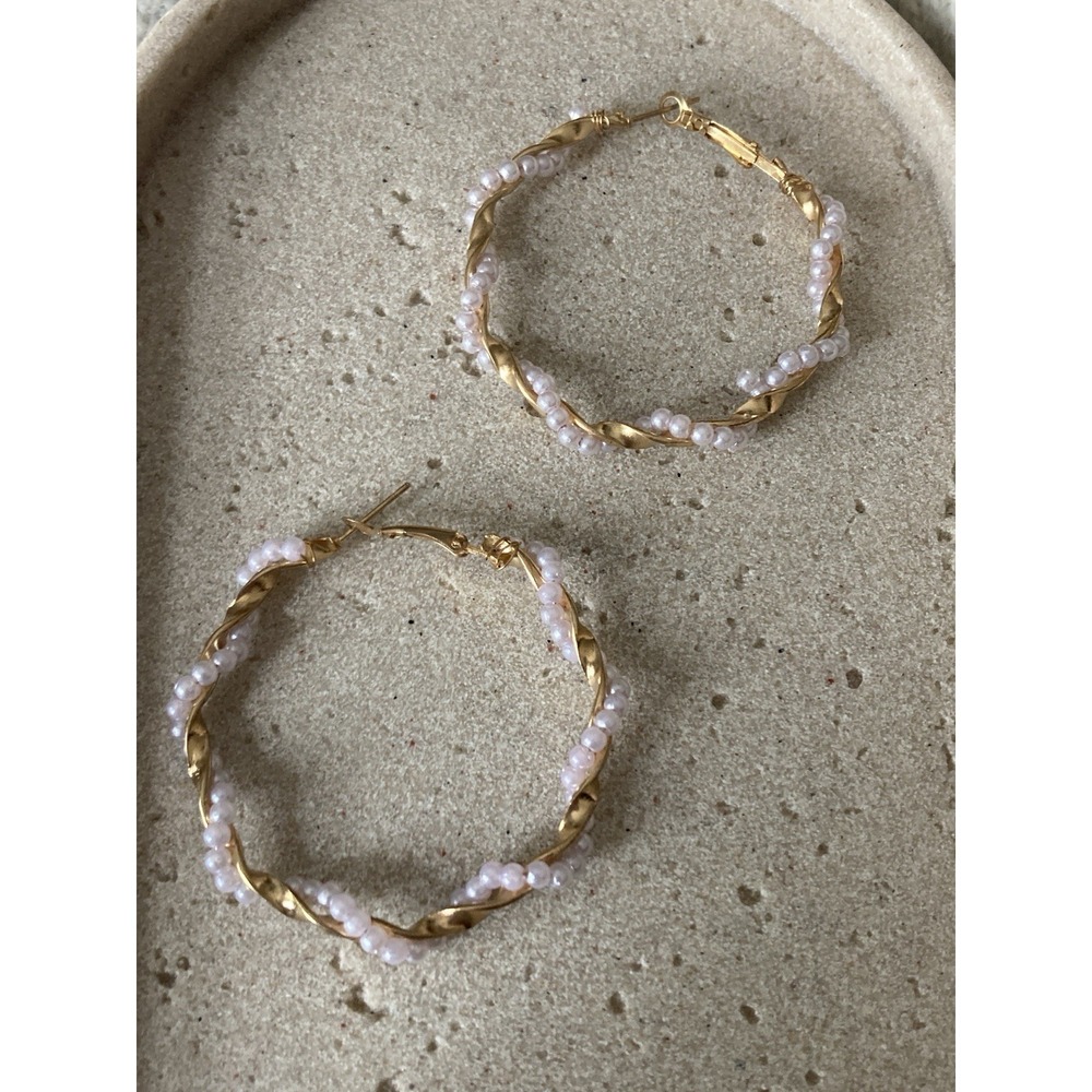 Gold Tone Twisted Hoop‎ Earrings with Faux Pearl Beads Romantic Feminine Glam
